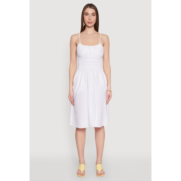 Womens Smocked Waist Poplin Midi Dress