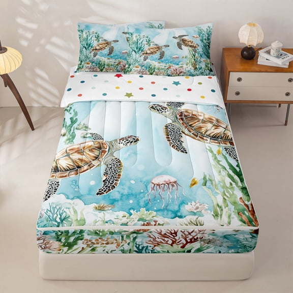 Manfei Cartoon Sea Turtle Zipper Twin Comforter Sets with Fitted Sheet and 2 Pillowcases,Calm Ocean Plant Zipper Bedding Set,Green,Polkadot Reversible,4pcs