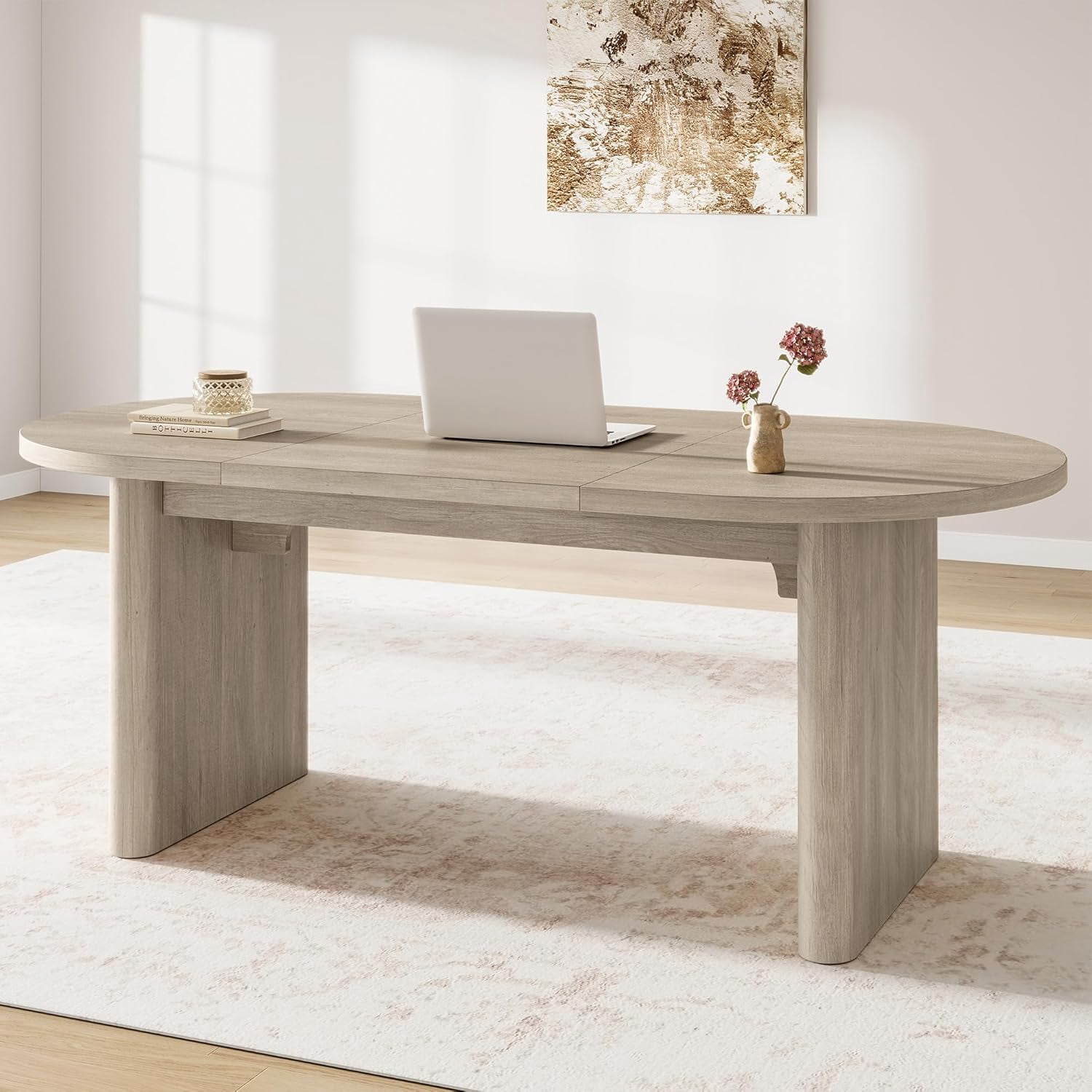 70.8 Inch Oval Computer Desk, Long Large Executive Desk Wooden Home Office Desk, Writing Table Computer Table Workstation for Home Office