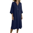 thumbnail image 2 of FDGIU Women's Collared V Neck Half Button Bell 3/4 Sleeve Loose Linen Midi Dress, Casual Office Work Spring Fall Home Lounge Straight Mid Length Dresses, 2 of 6