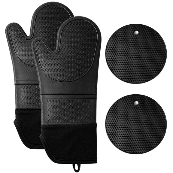 Topekada 4-Pcs Silicone Oven Mitts & Pot Holders Set, Heat Resistant 446°F, Non-Slip Honeycomb, Waterproof with Cotton Lining, Black