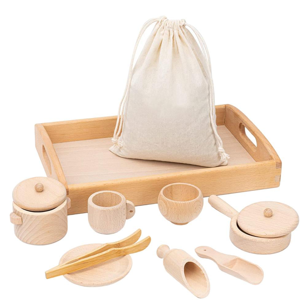 8pcs Kitchen Tableware Toys Set with Wooden Scoops Tongs and Dish Montessori Toys Waldorf Toys Play House Set for Toddlers Wooden Sensory Bin Tools