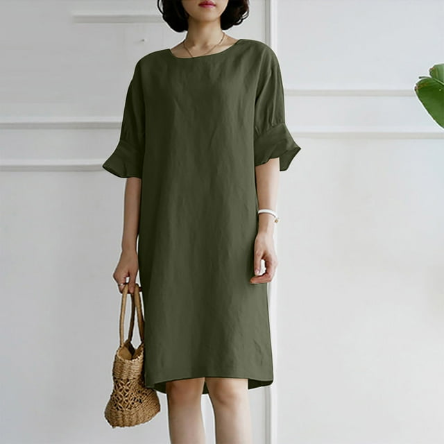 SMihono Robe d'Été Boho pour Femmes Grande Taille Robe d'Été Décontractée en Coton Lin Manches Courtes Col Rond Robe Unie