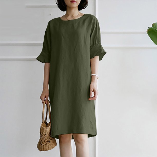Puntoco Vestido Camisero Informal De Verano Para Mujer, Suelto, Cuello Redondo, Manga Corta, Color Sólido, Vestido Camisero De Algodón Y Lino, Verde Militar Xxxxl,Regalos Para Mujer Joven
