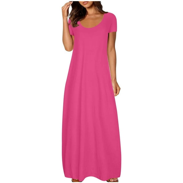 Staron Robe Femme Manches Courtes Fluide Élégante Grande Taille Robe d'Été Fête Plage Col Rond Ample Unie Longues Robes Rose 4TG
