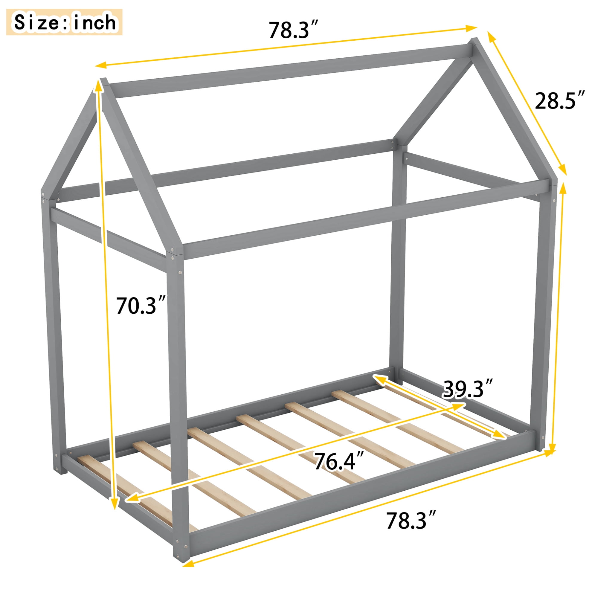 Twin House Bed, Wood Montessori Bed Frame with House Roof Canopy, Low Floor Bed with Sturdy Wood Slat Support for Kids Boys Girls, 400LBS Weight Capacity, No Box Spring Needed, Gray