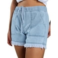 thumbnail image 4 of Musuos Women’s Washed Denim Shorts, Casual Drawstring Elastic Waist Frayed Hem Loose Short Jeans, 4 of 9