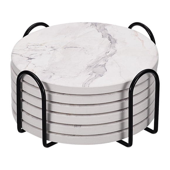 Unique Bargains Drink Coasters with Holder, 6pcs 4' - Coasters for Drinks, Marble Style for Kinds of Cup, Home Decor (Black)