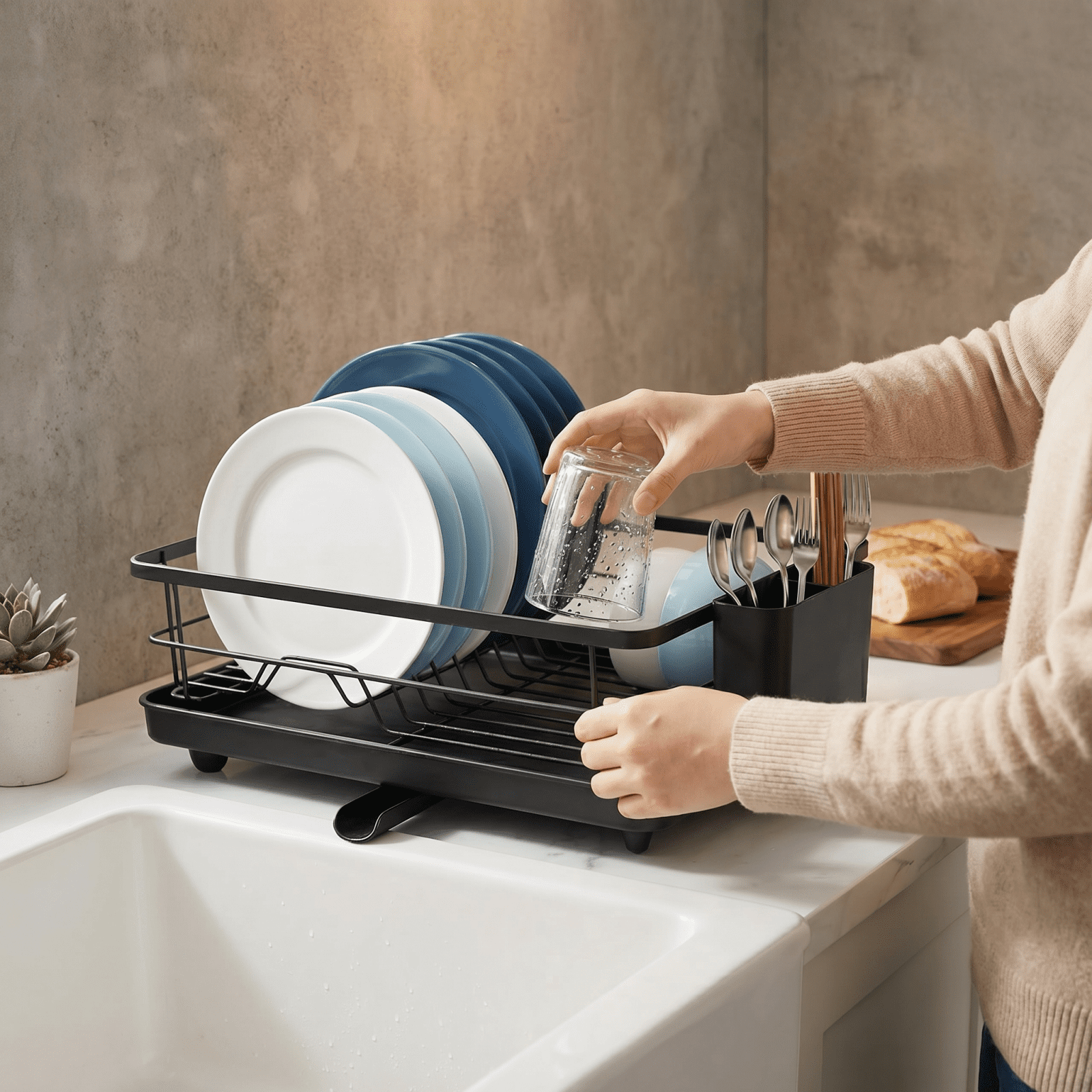 Metal Dish Drying Rack for Kitchen Counter (15.6" × 12") — Black Coated Metal with Removable Utensil Holder & Swivel Drainboard