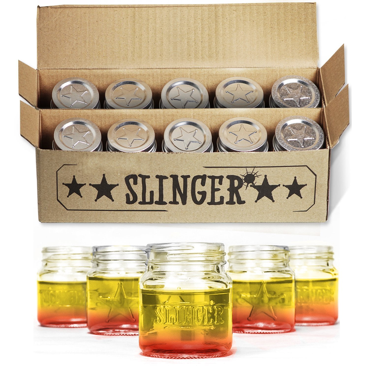 THE SLINGER Shot Glasses Set Mini Mason Jars with Lids Featuring