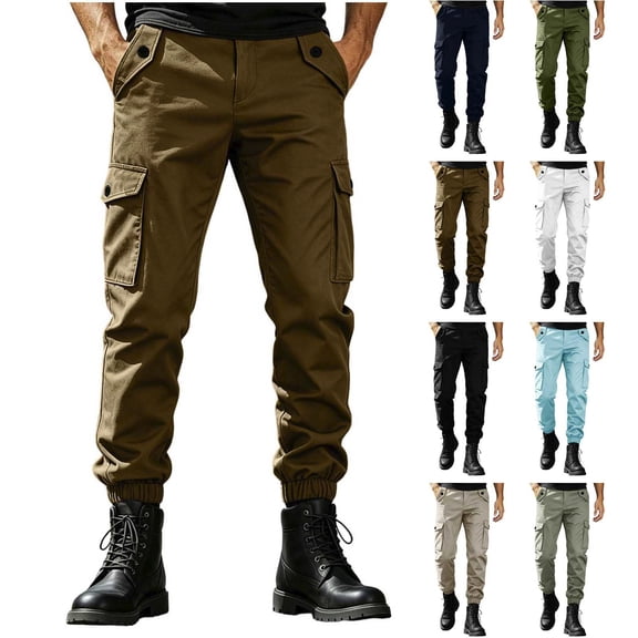 Work Pants for Men Fashion Casual Comfy Straight Leg Trouser Solid Color Loose Elastic Waist Drawstring Full Length Pants with Pockets