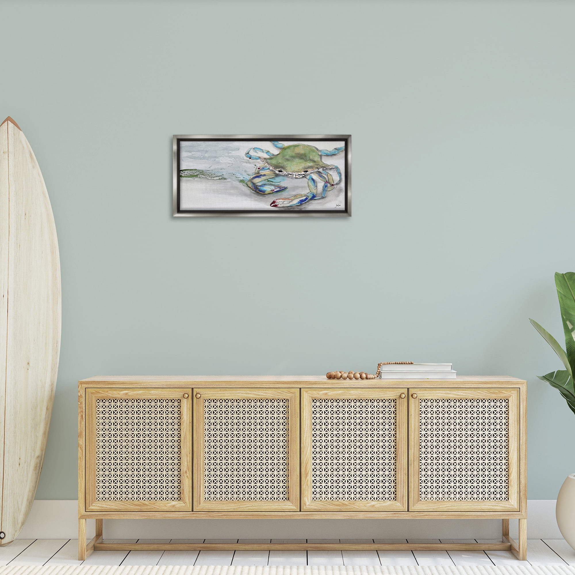 Stupell Industries Vivid Crab on Beach Shoreline Animals & Insects Painting Gray Floater Framed Canvas Art Print Wall Art, 31 x 14