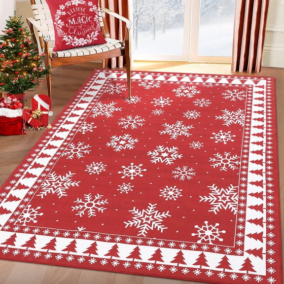 Christmas Snowflake Washable Area Rug & Runner, Multiple Sizes, Non-Slip Low-Pile Mark-Resistant Soft Indoor Carpet for Bedroom Living Room Kitchen Hallway Entryway

