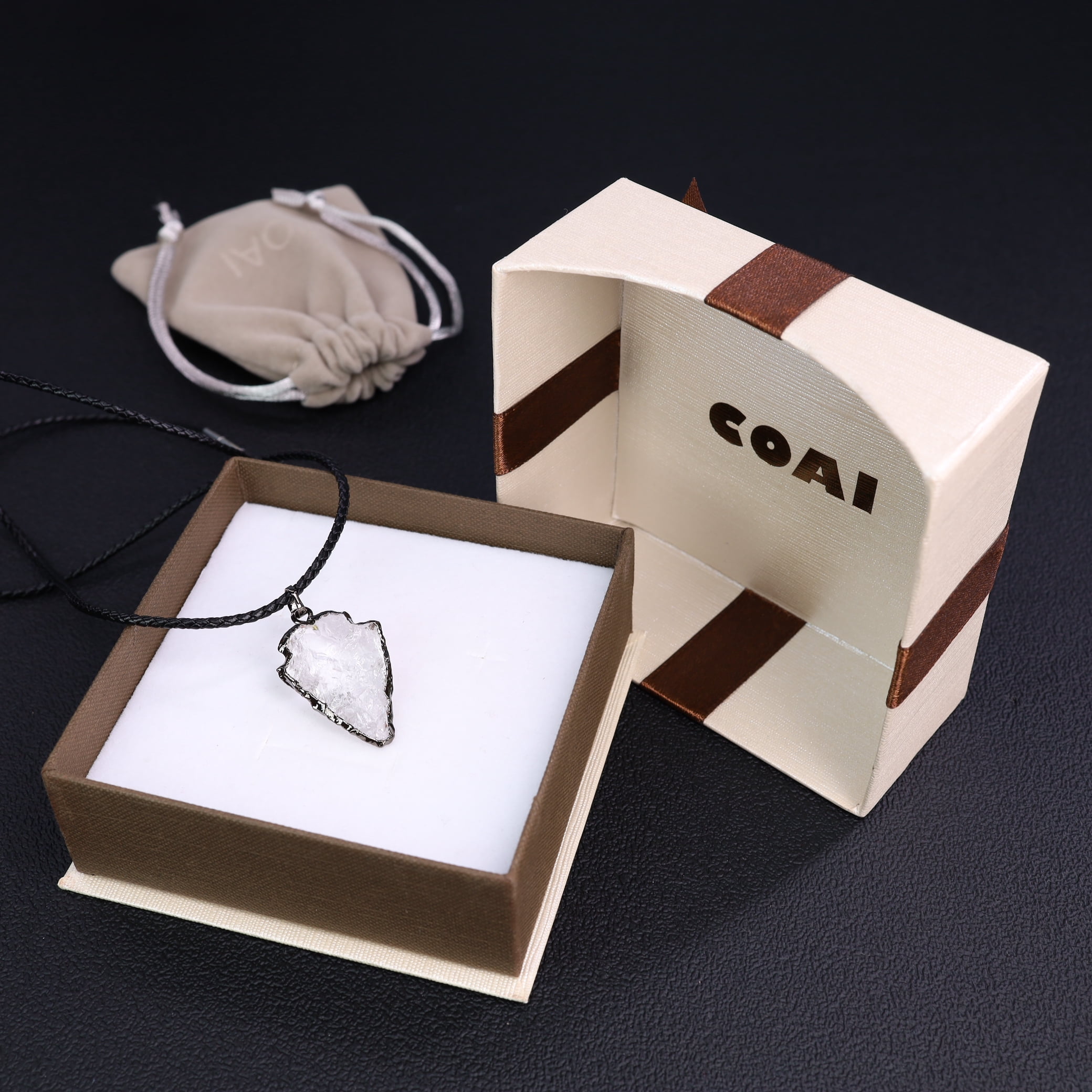 COAI Unisex Leather Cord Raw Clear Quartz Crystal Arrowhead Pendant Necklace
