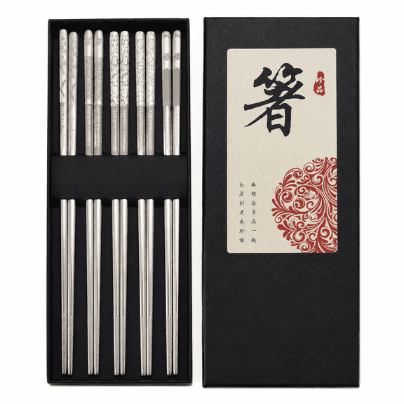 Stainless Steel Chopsticks 5 Pairs Reusable Multicolor Lightweight Metal Chopsticks Square Non-Slip Chopsticks Gift Set for Cooking Eating