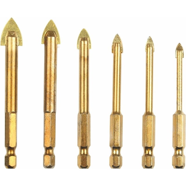 6 piezas de brocas de aleación dura para baldosas, brocas de cerámica, diámetro de 4/5/6/8/10/12 mm, vástago hexagonal, juego de brocas de 1/4″ con revestimiento de titanio, herramienta de perforación