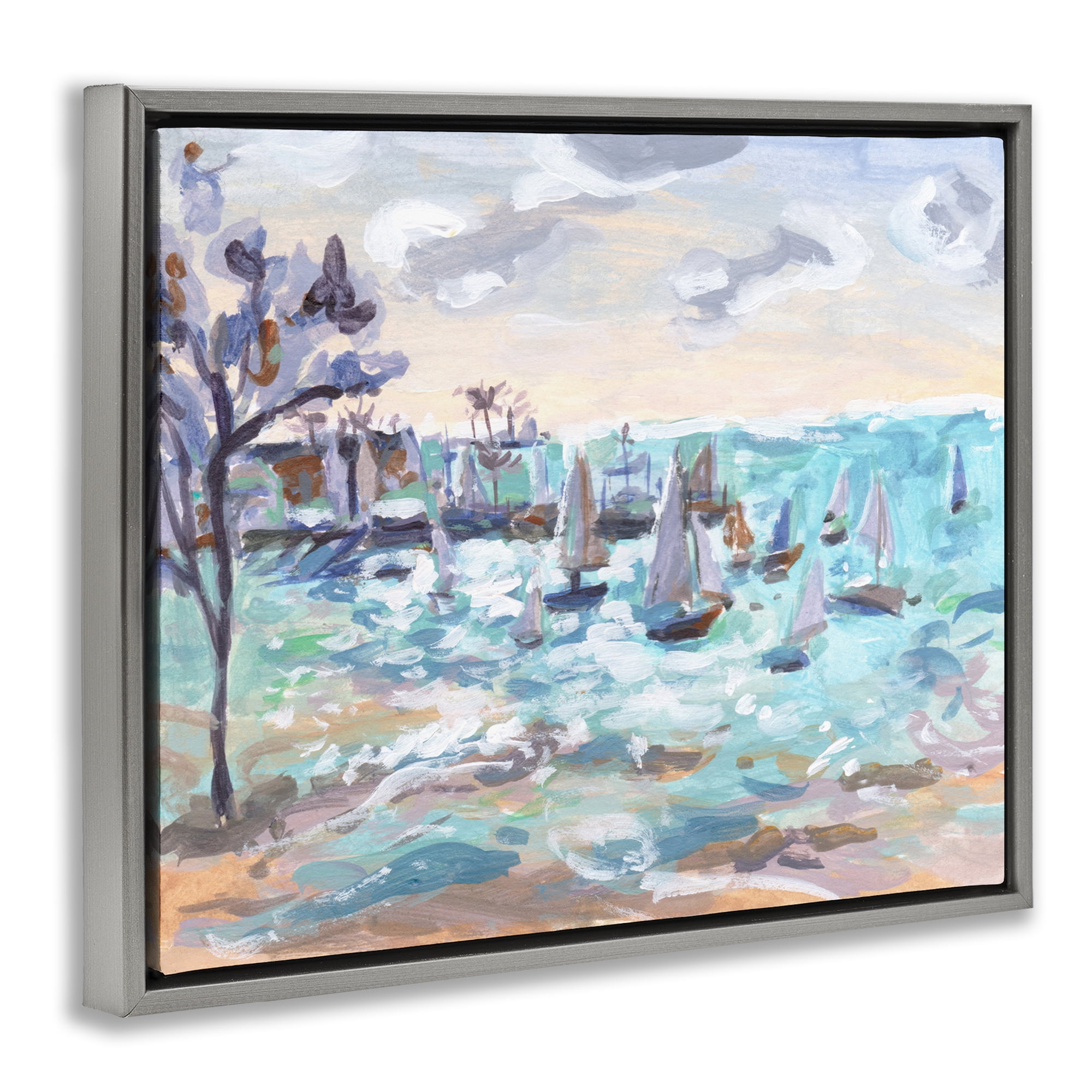 Stupell Industries Sailboat Fleet by Shore Nautical & Beach Painting Gray Floater Framed Canvas Art Print Wall Art, 21 x 17