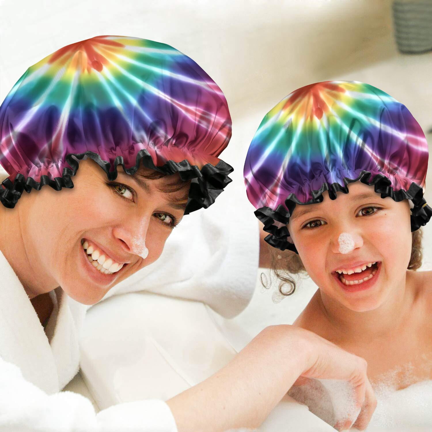 Shower Caps,Colorful Rainbow Tie Dye Spiral Pattern Waterproof Shower Cap for Women 4 Pieces,Double Reusable Hair Cover for Shower PEVA Elastic Stretch Hem
