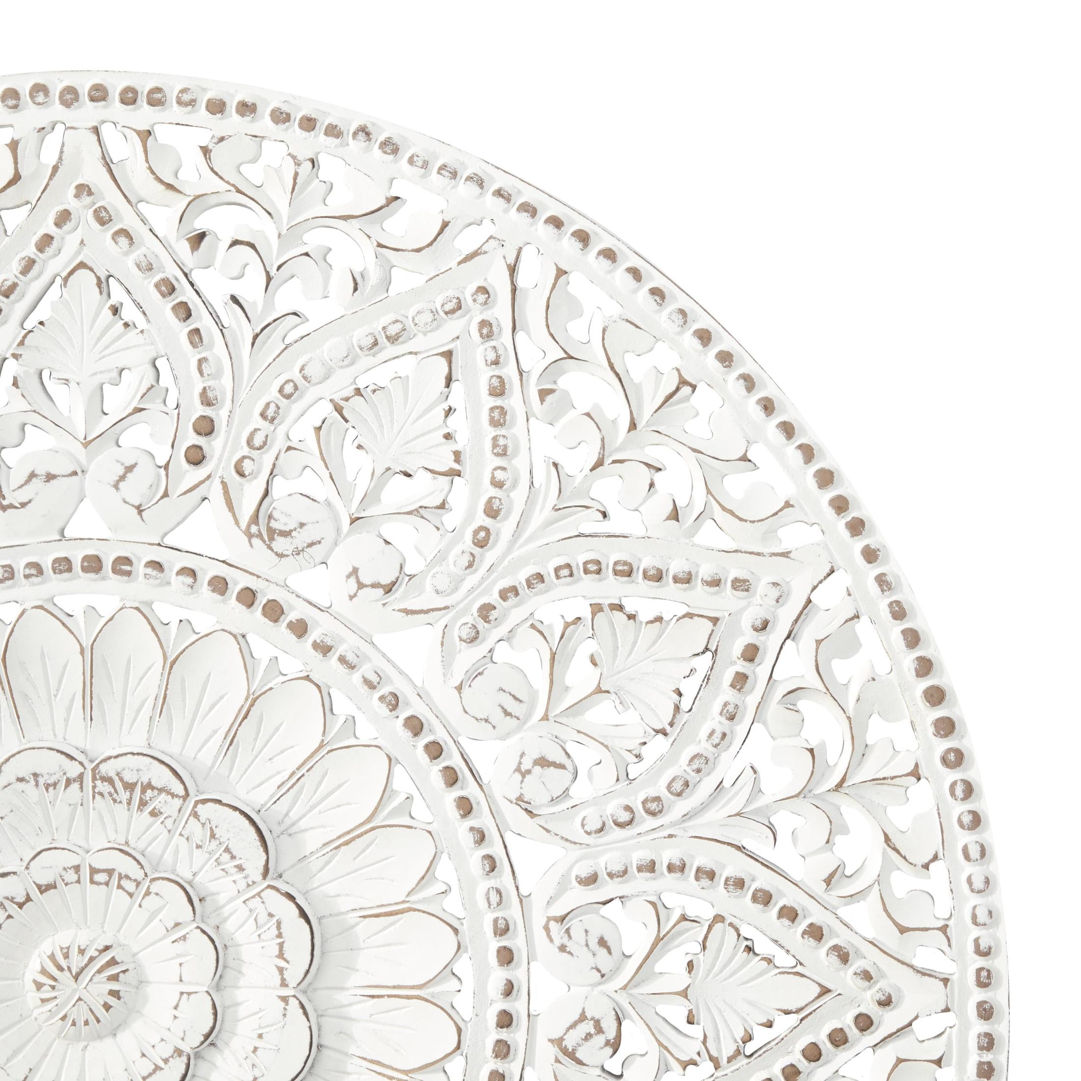 DecMode White Wooden Handmade Intricately Carved Floral Wall Decor with Mandala Design