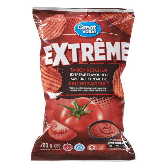 Great Value Tangy Ketchup Extreme Flavoured Rippled Chips, 200 g