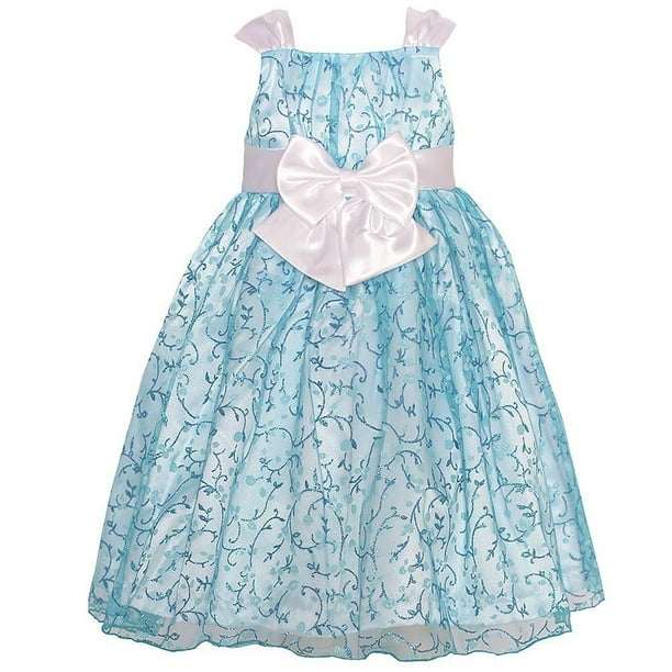 Mia Juliana Little Girls Blue Glitter Pattern Satin Bow Dress 3T