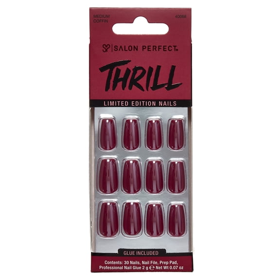 Salon Perfect Halloween Thrill Medium Coffin Press-On Nails with Glue & File, Burgundy Glaze, 30 Pieces
