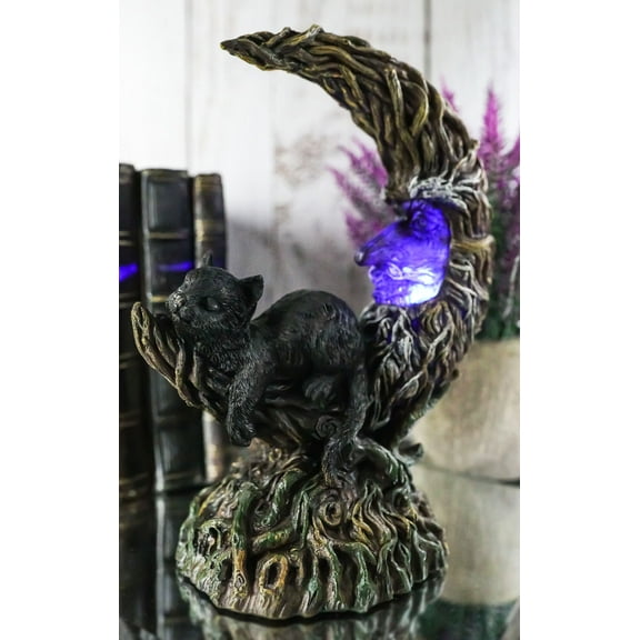 Black Cat Sitting On Crescent Greenman Tree Moon Figurine With LED Night Light