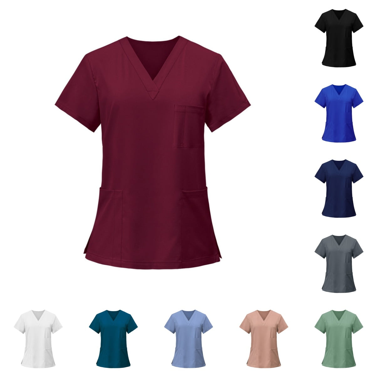 Domuza Women Scrub Tops Casual Soft Stretchy Short Sleeve V-Neck T-Shirts Breathable Comfy Nurse Uniforms Blouses with Multiple Pocket Deep Red XXL
