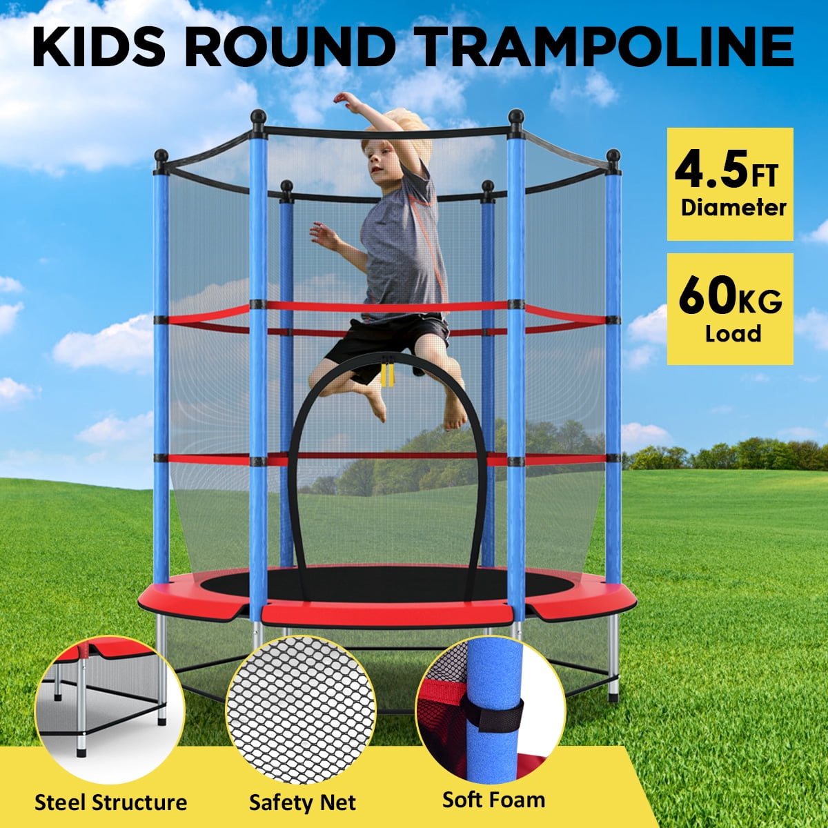 Topbuy Kids Round Jumping Trampoline Combo Bed Trampoline w/ Safety Enclosure Net Blue