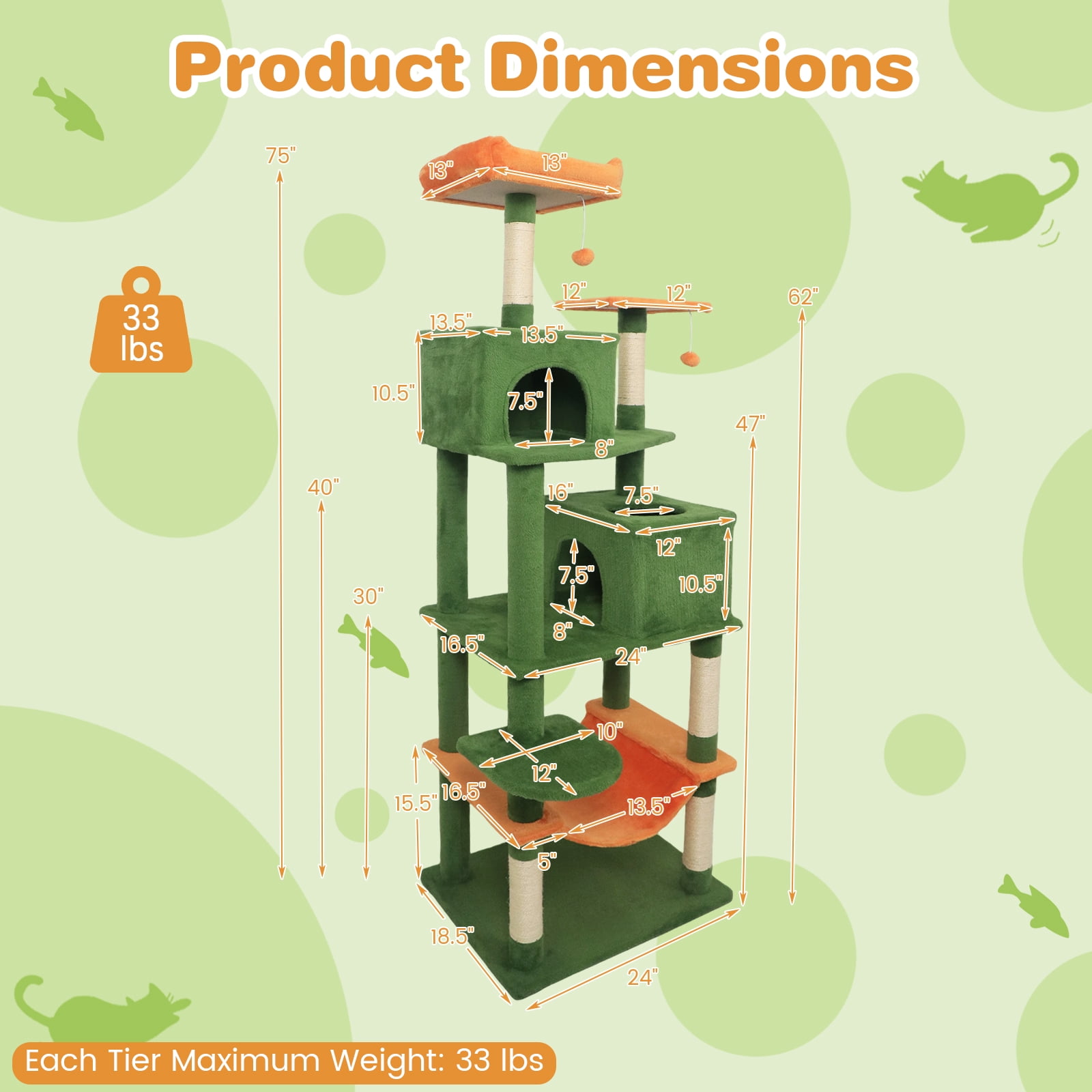 Costway 70” Cat Tree for Indoor Cats with Padded Top Perch, Dual Condos, Hammock, Platforms Green