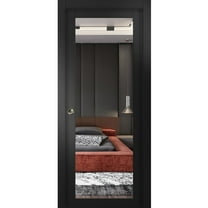 Sliding French Pocket Door 24 x 80 inches with | Lucia 1299 Matte Black with Mirror | Kit Trims Rail Hardware | Solid Wood Interior Bedroom Sturdy Doors