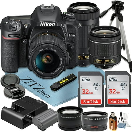 Image of Nikon D7500 DSLR Camera with 18-55mm + 70-300mm Lens + 2 Pcs SanDisk 32GB Memory Cards + Tripod + Wide Angle + ZeeTech Accessory Bundle
