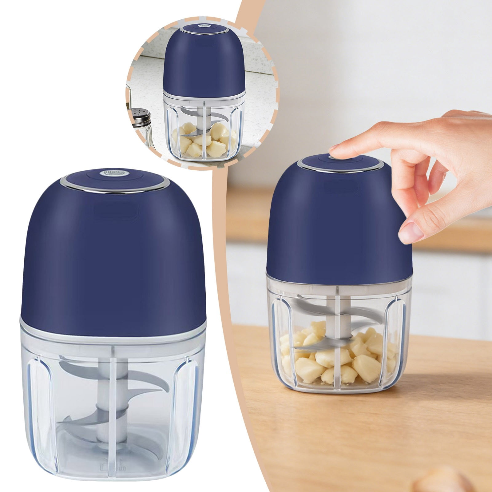 VMWMSSR High-Efficiency Garlic Chopper Electric, Easy Clean Mini 350Ml Food Processor, One-Touch Design Stainless Steel Blade Food Grinder For Kitchen, Camping & Travel Use Blue-14cm