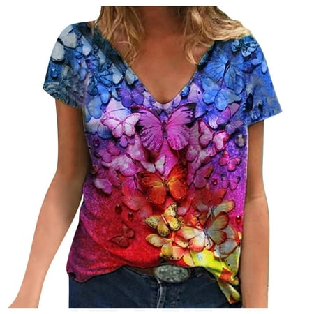 

Summer Blouses for Women 2023 Fashion Woman V-Neck Short Sleeve Blouse T-Shirt Summer Printing Loose Tops Maternity Shirts Red L