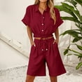 thumbnail image 2 of Vestidos Casuales Para Mujer, Blusas De Mujer De Moda Conjunto de blusa y pantalones cortos de lino para mujer, con solapa, manga corta y botones sueltos, para verano, 2 of 7