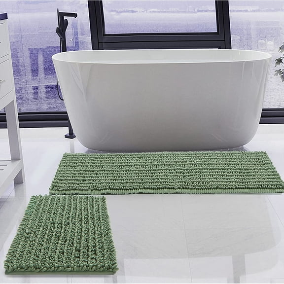 LKIFFA-Luxury Chenille Sage Green Bathroom Rugs Sets 2 Piece, Thickened Hot Melt Rubber Bottom Bath Mats for Bathroom Non Slip,Bath Rugs Quick Dry Machine Washable for Shower Mat (47"x17" 17"x24")