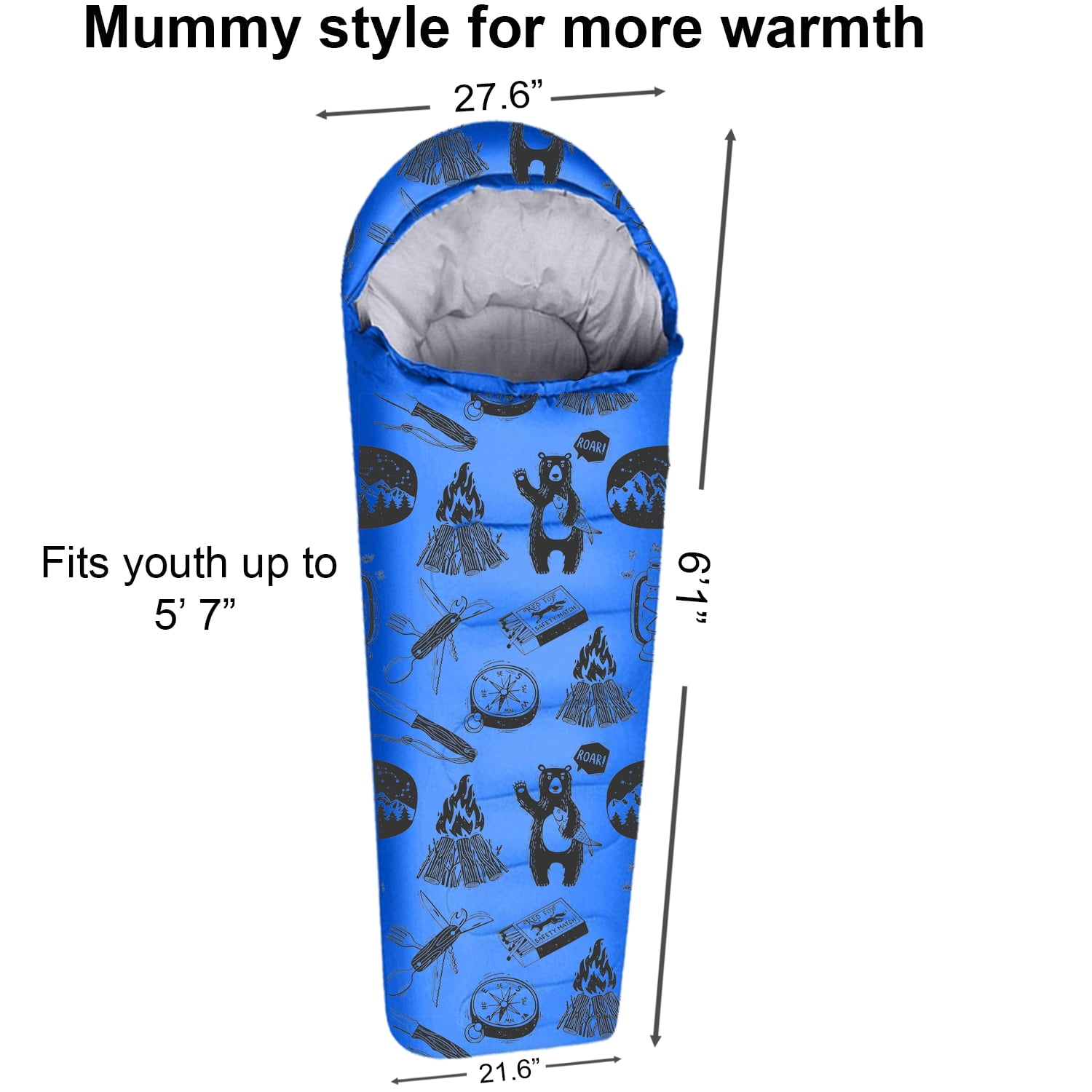 KidzAdventure 32 - 59°F Mummy Youth Sleeping Bag - Blue Adventure Theme