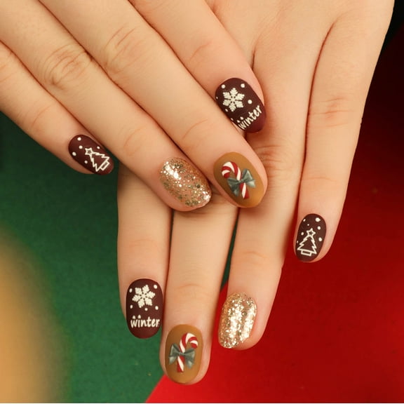 24pcs Christmas Nail Art - Short - style Glitter Christmas Wearable Nail Art Stickers, Snowflake - themed False Nails