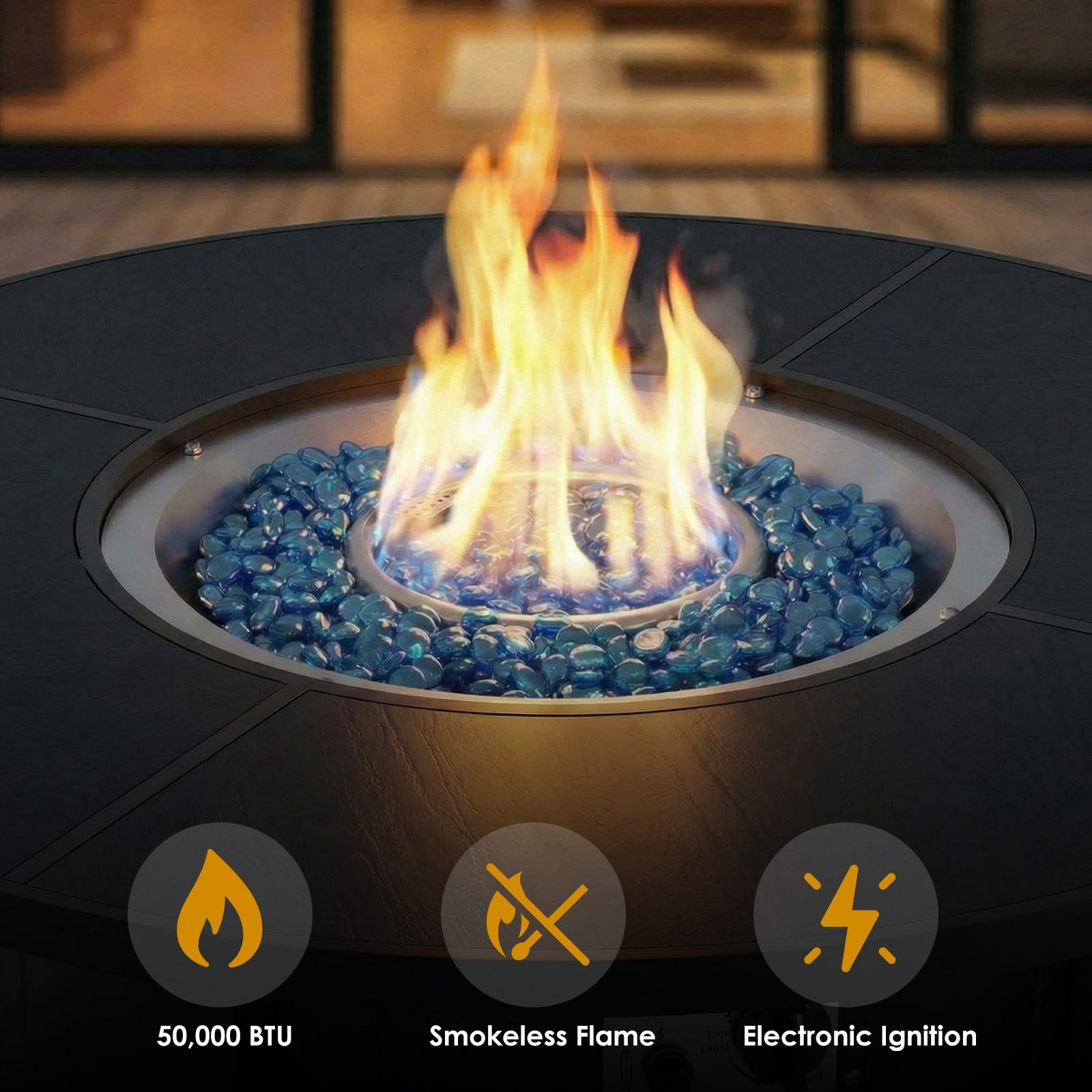 LIFERUN Propane Fire Pit Table 42 in, with Waterproof Cover, Blue Stone and Lid, 50,000 BTU Auto-Ignition Round Gas, for Outside Patio