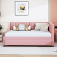 thumbnail image 2 of Linen Fabric Full Size Upholstered Bed Frame with Trundle Sofa Bed, Platform Bed Frame, Mid Century Bedframe, Wood Daybed, Wood Foundation(Pink, Full), 2 of 9