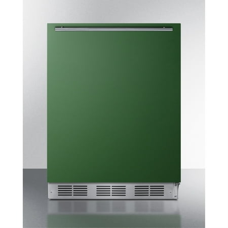 Undercounter 24  refrigerator-freezer for residential use with emerald green door  stainless steel handle  and black cabinet