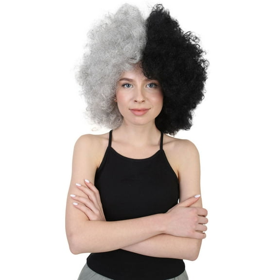 HPO Unisex Short Curly Clown Wig – Blue TV/Movie Character Cosplay & Halloween Party Wig | Grey & Black Flame-Retardant Synthetic Fiber