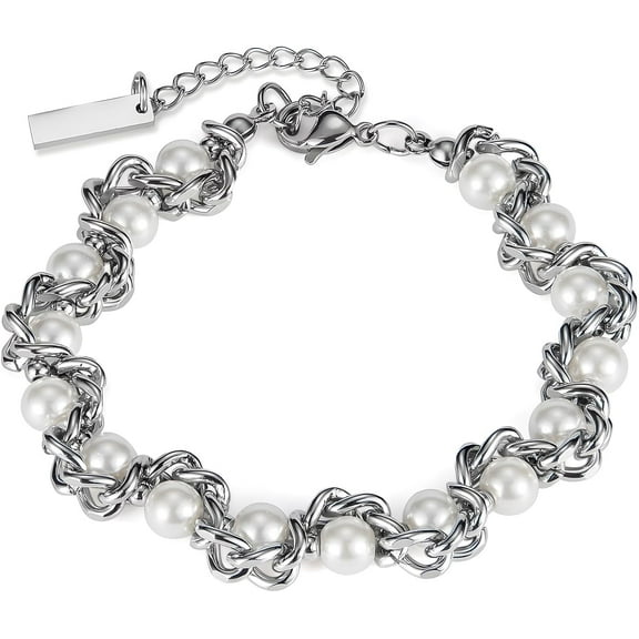 Faux Pearl Chain Bracelet for Women, White Silver Gold Plated Stainless Steel Link Cuff Bridal Wedding Christmas Valentine's Day Mother's Day Anniversary Birthday Jewelry Gifts Box for Her