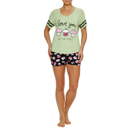 Women's and Women's Plus Screened Short Sleeve V-Neck Sleep Tee and Boxer Short Pajama 2 Piece Set