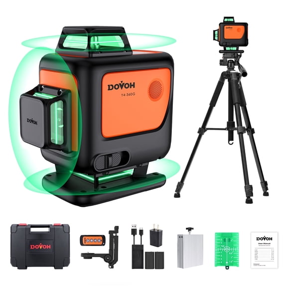 4D Laser Level with Tripod : Dual Batteries Laser Level 360 Self Leveling Green Hard Toolbox for Construction Floor Tiling Ceiling, Class Ⅱ, Y4-360G-KIT