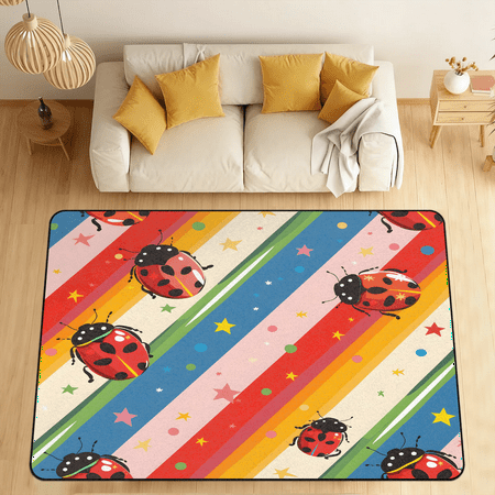 CURLYOOT Ladybuges Area Rugs for Living Room Bedroom 4 10 x 6 8 Washable Rug Red Ladybugs Rainbow Floor Carpet with Non Slip Backing for Dining Room Indoor