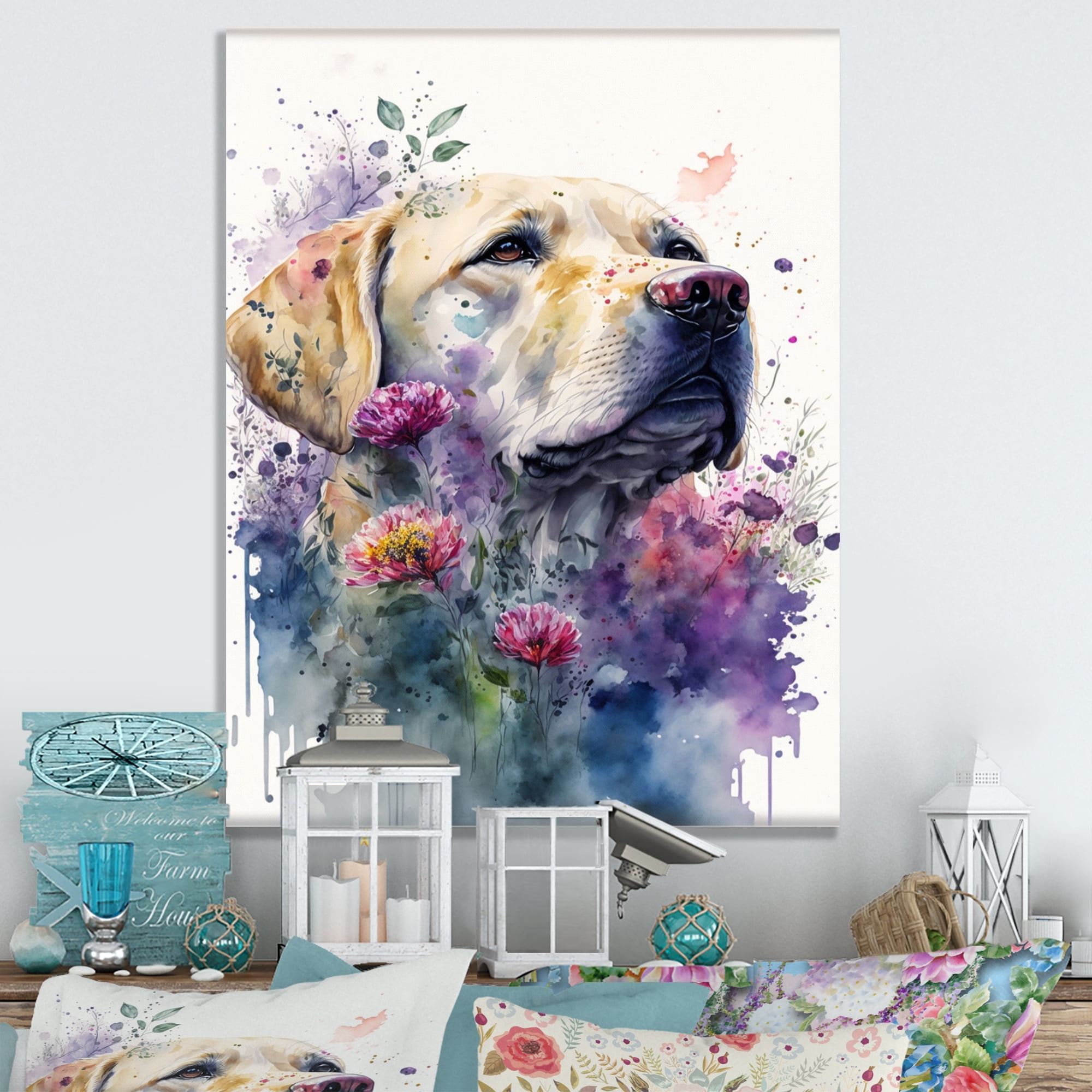 Designart Cute Retrievers Floral Art I Canvas Wall Art