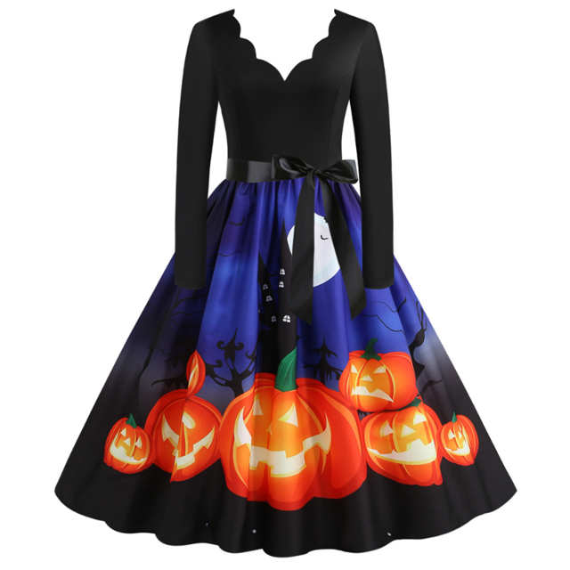 Vestido vintage de manga larga para mujer, para Navidad, años 50 y 60, para ama de casa, fiesta de noche, graduación, disfraces de Halloween, con lazo y vendaje