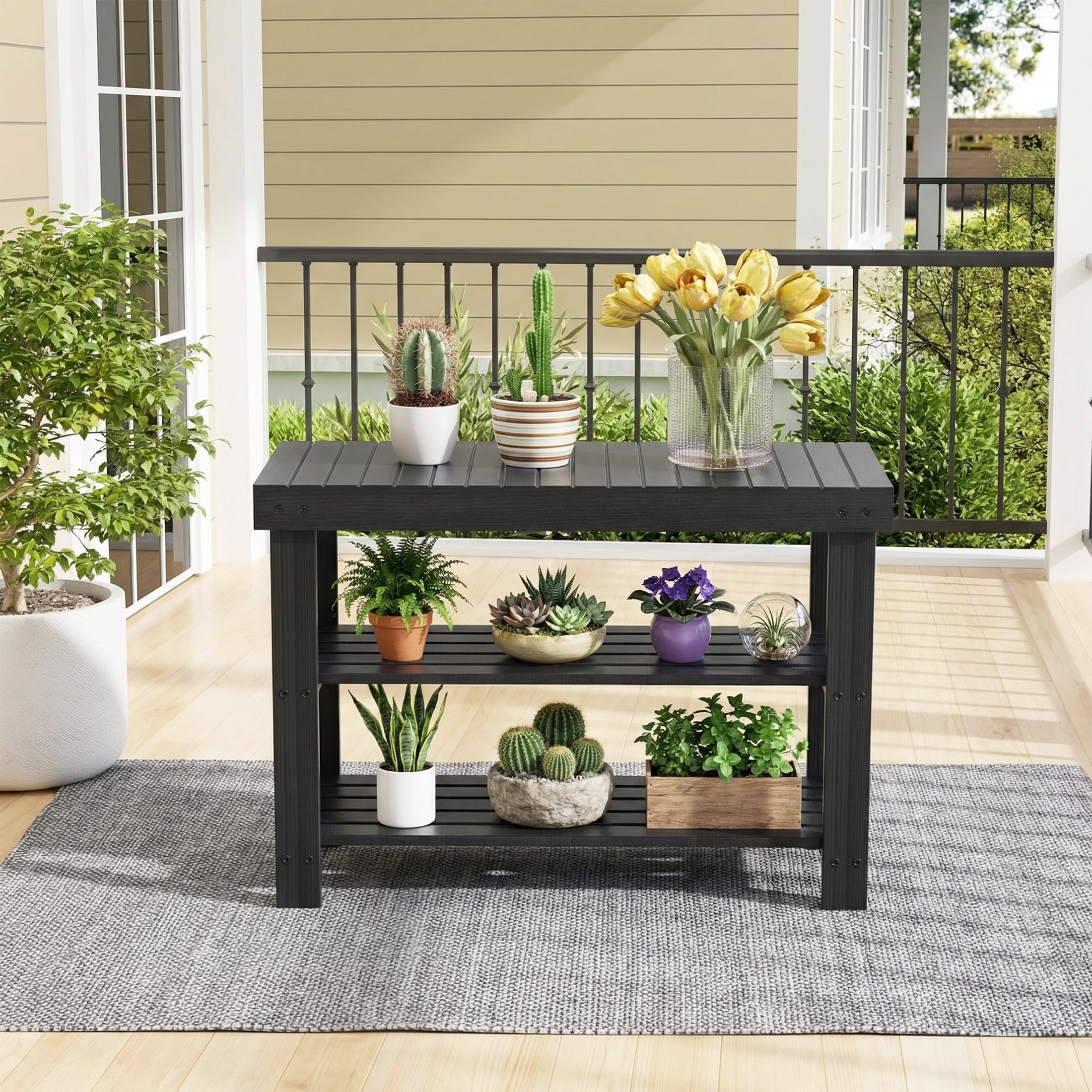 EDX 3 Tier Bamboo Shoe Rack Bench, 11.3'' x 27.6'' x 18'' Storage Seat Organizer with 286lb Capacity for Entryway,  Bedroom and Living Room,  Black