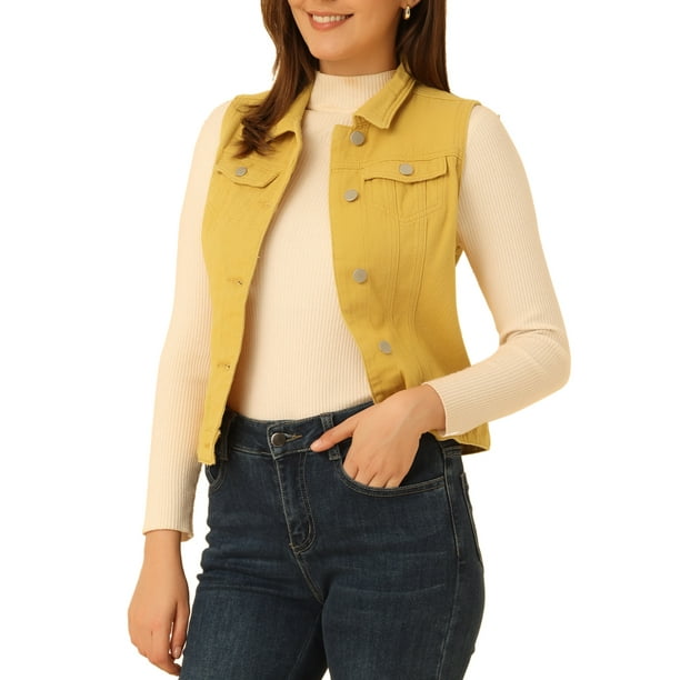 Chaleco sin mangas de mezclilla lavado para mujer INSPIRE CHIC con botones y bolsillos amarillo L